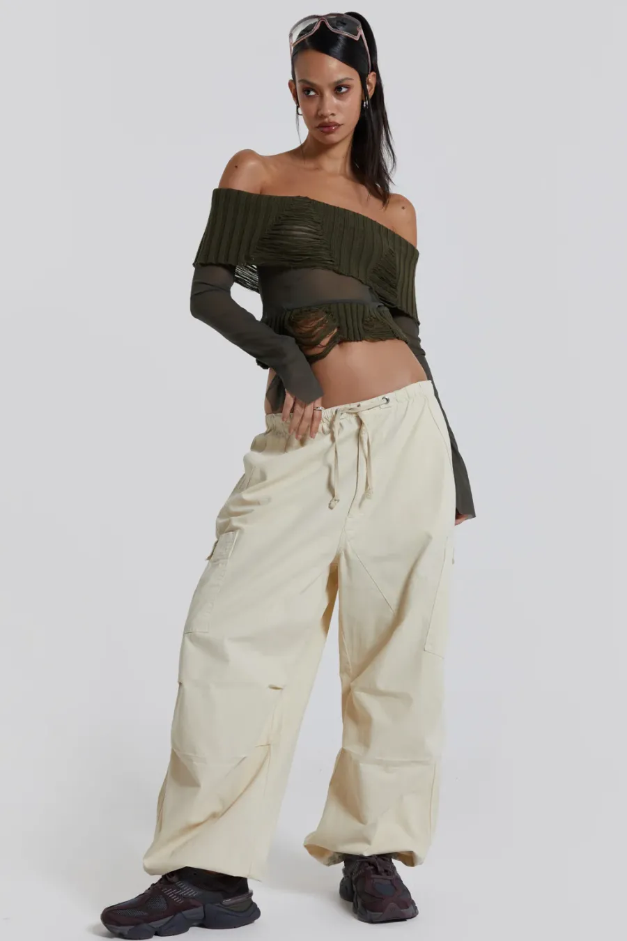 Jaded London Trousers*Ecru Parachute Cargo Pants
