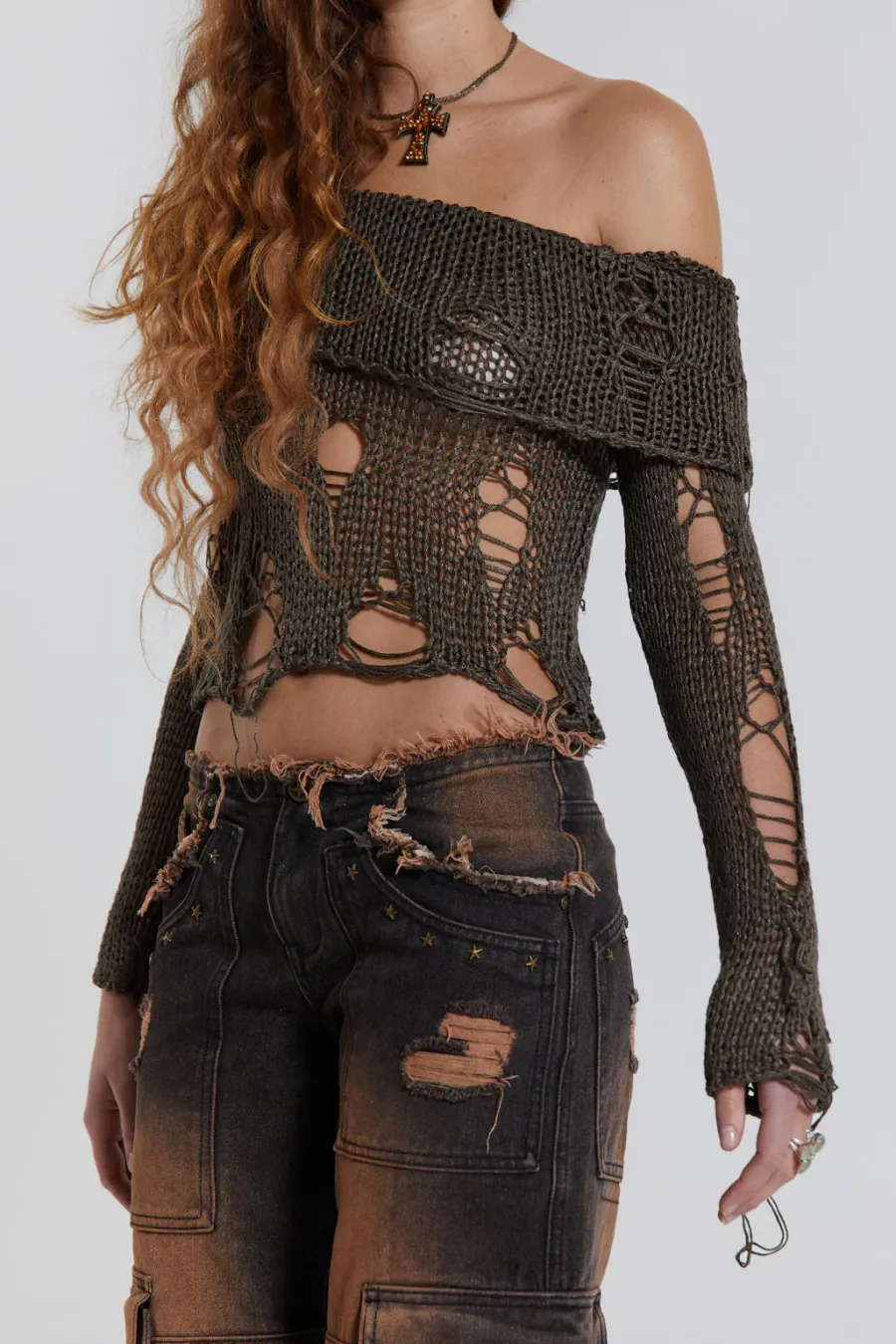 Jaded London Knitwear*Esra Laddered Knit Off The Shoulder Top