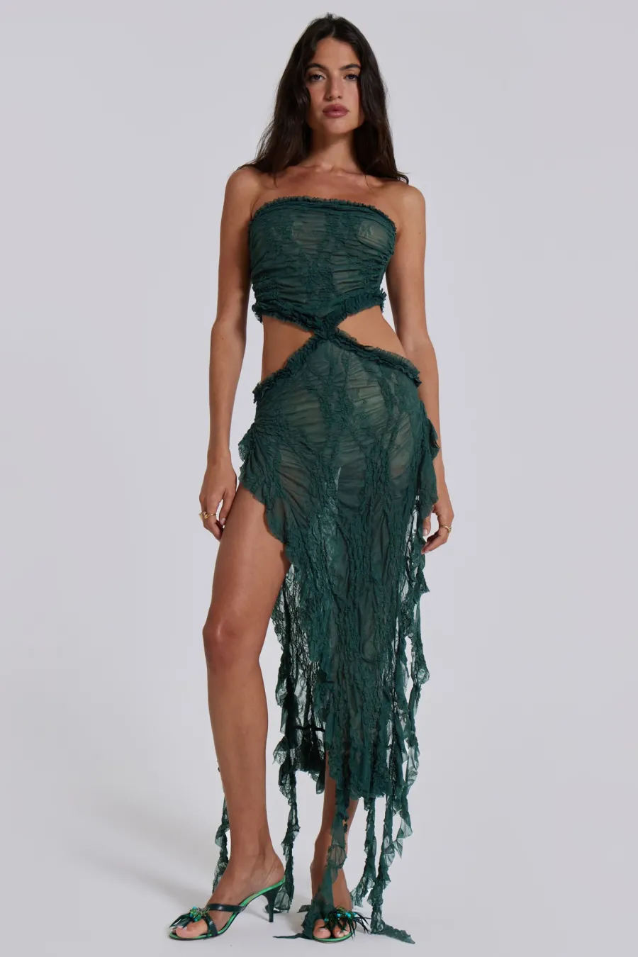 Jaded London Midi Dresses*Gaia Scrunch Lace Midi Dress In Forest Green