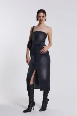 Jaded London *Liberty 2 In 1 Detachable Denim Black Midi Dress