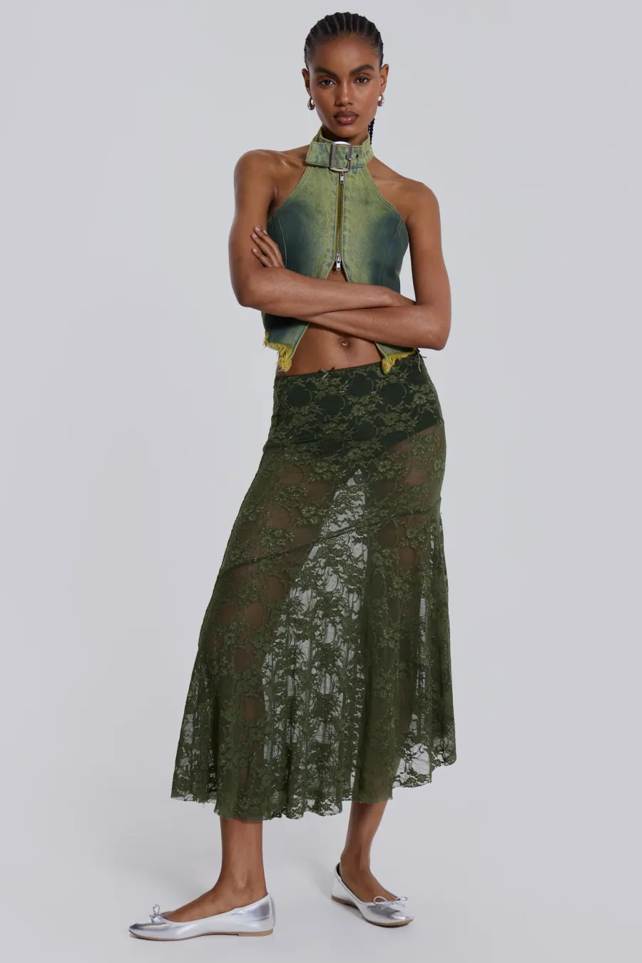 Jaded London Midi Skirts*Rhea Khaki Lace Midi Skirt