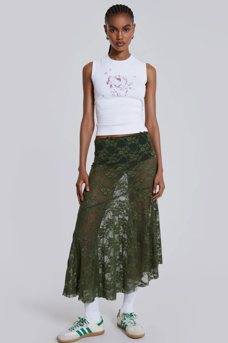Jaded London Midi Skirts*Rhea Khaki Lace Midi Skirt