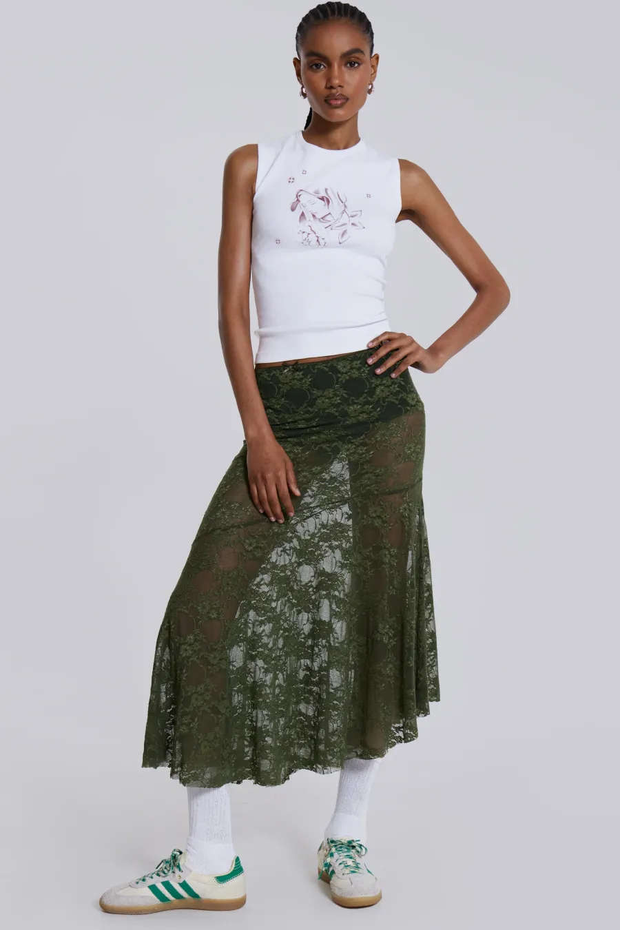 Jaded London Midi Skirts*Rhea Khaki Lace Midi Skirt