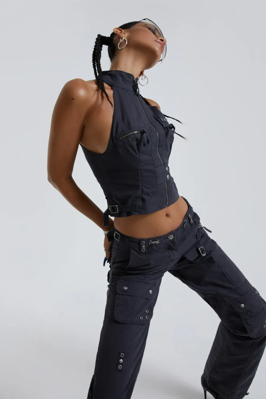 Jaded London *Vintage Grey Cargo Halter Neck Top With Pocket Detail